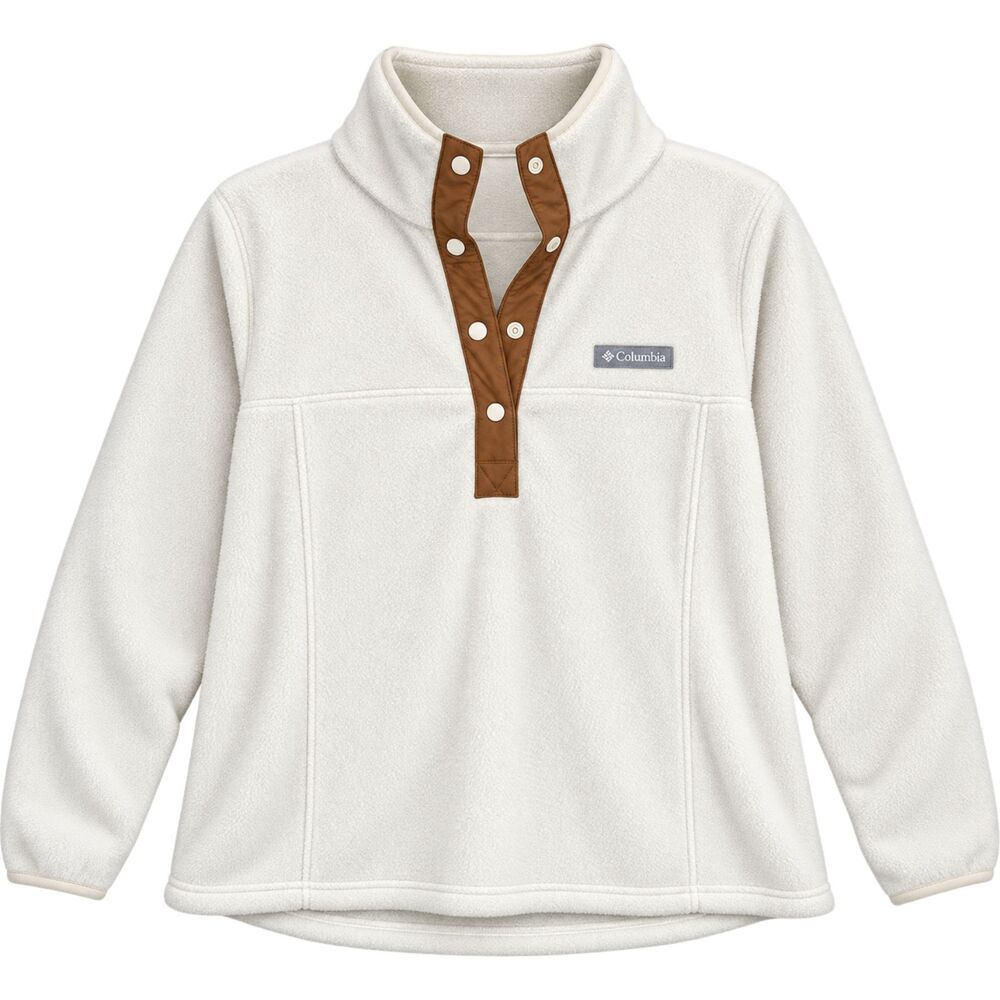Columbia Cream Fleece Snap Button Pullover Tan Trim Cozy Outdoor Sweater Medium